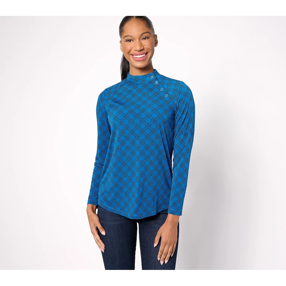 Susan Graver Printed Liquid Knit Long Sleev Mock Neck Top Harbor Blue,3X A626983